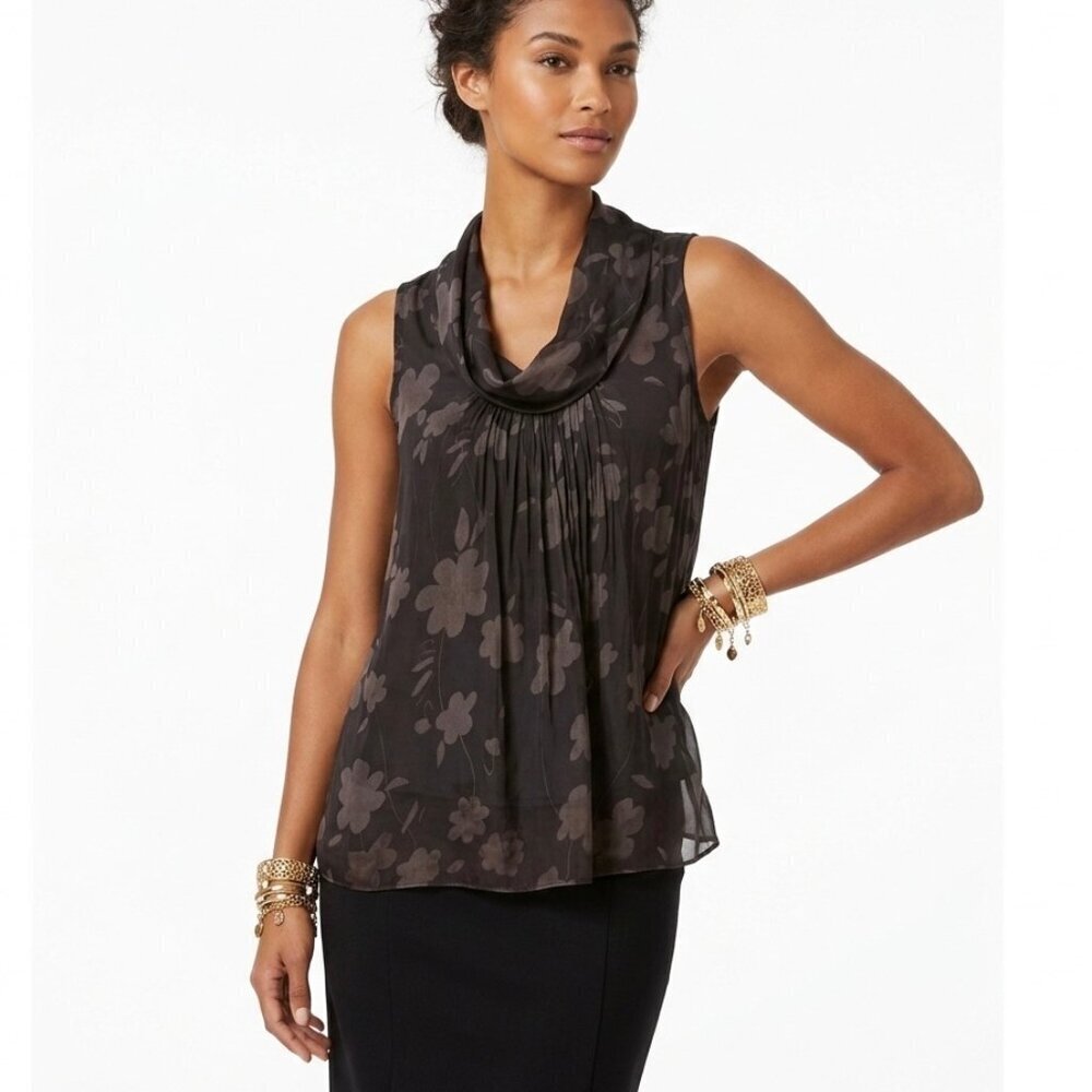 Italian Silk Brown Floral Sleeveless Top Sz M Work Career Vacation Boho Flowy
